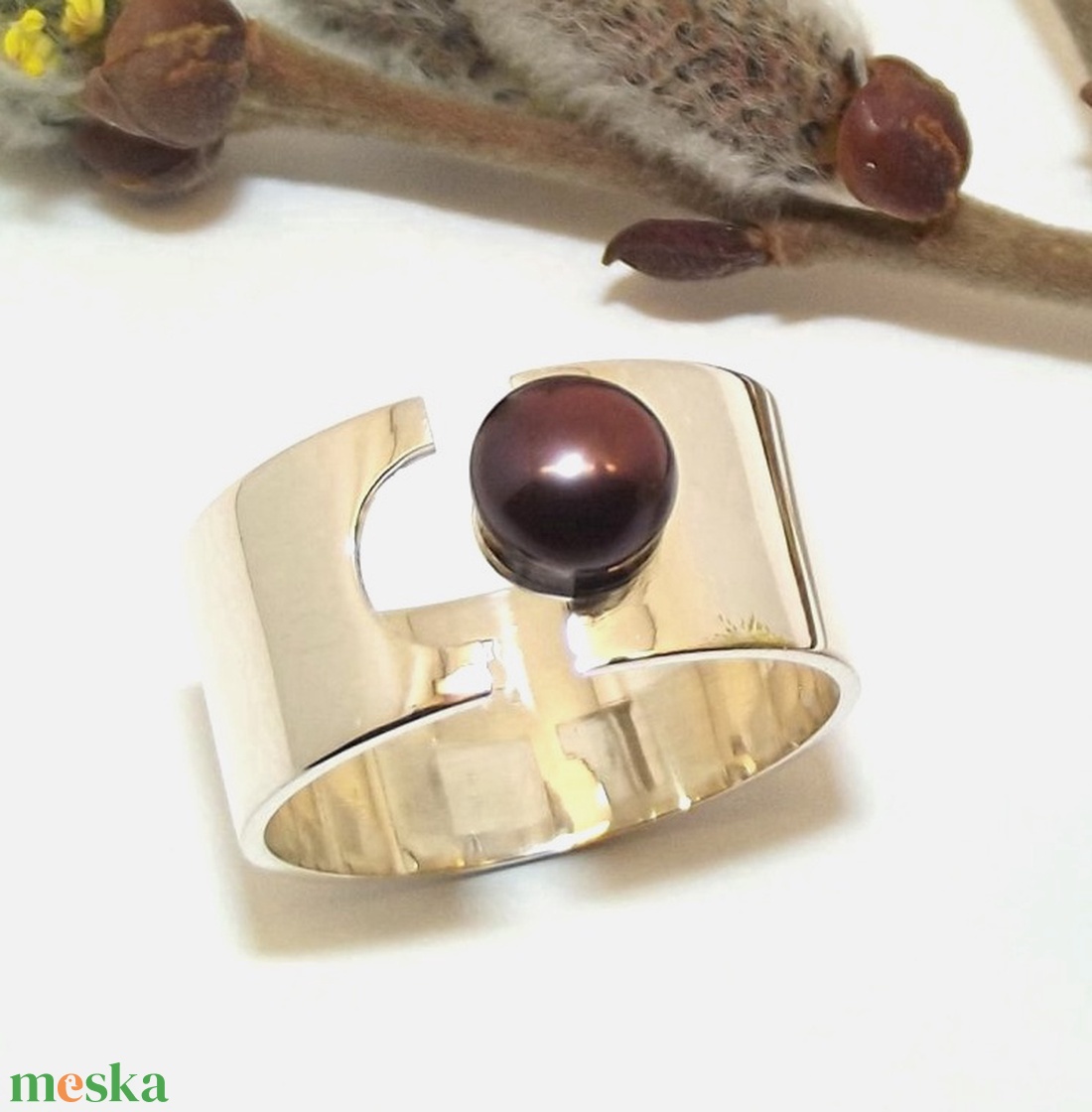 Széles karika szürke igazgyönggyel, női ezüst gyűrű, állítható (VSZÉ.26) - ékszer - gyűrű - gyöngyös gyűrű - Meska.hu