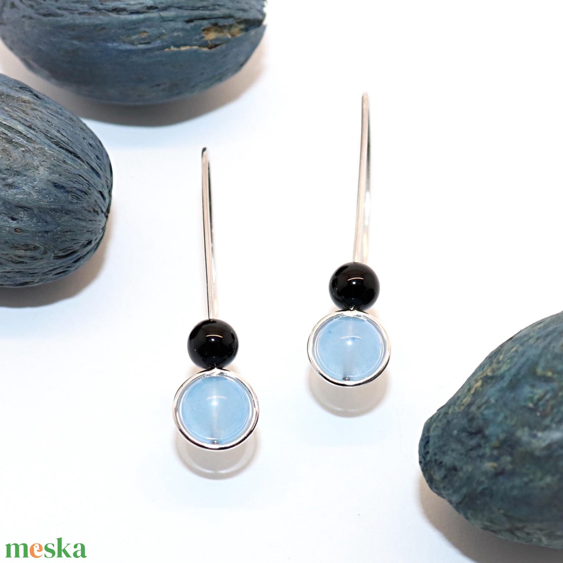 Jáde és ónix köves, női ezüst fülbevaló pár (EF.200) - ékszer - fülbevaló - lógó fülbevaló - Meska.hu