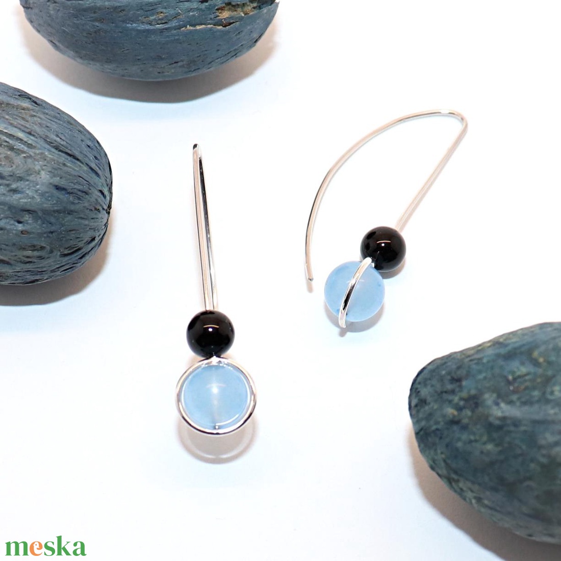 Jáde és ónix köves, női ezüst fülbevaló pár (EF.200) - ékszer - fülbevaló - lógó fülbevaló - Meska.hu