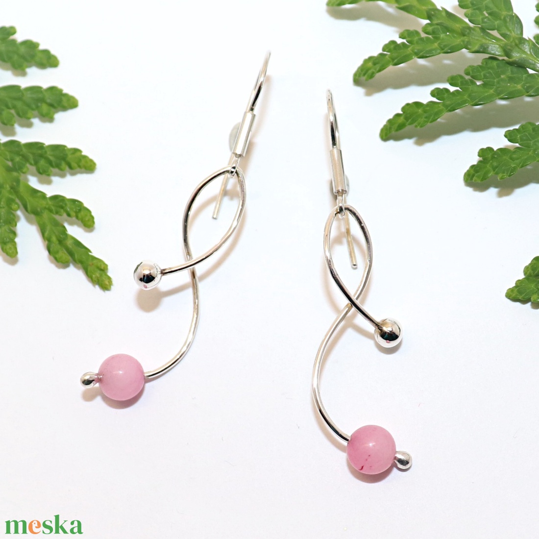 Rózsaszín achátos, női ezüst fülbevaló pár (EF.136) - ékszer - fülbevaló - lógó fülbevaló - Meska.hu