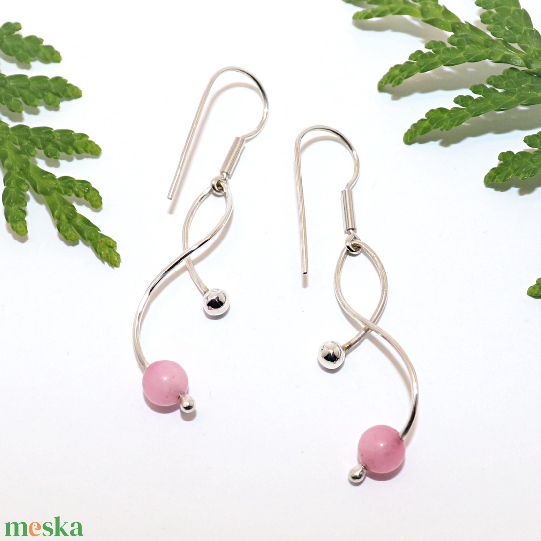 Rózsaszín achátos, női ezüst fülbevaló pár (EF.136) - ékszer - fülbevaló - lógó fülbevaló - Meska.hu