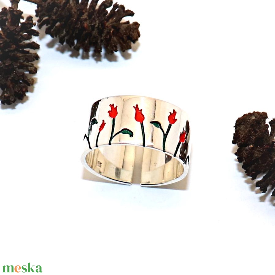 Piros rózsás széles karika, női ezüst gyűrű, 60-as méret, állítható (EGY.227) - ékszer - gyűrű - kerek gyűrű - Meska.hu