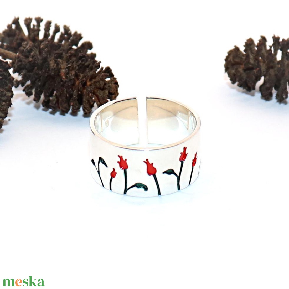 Piros rózsás széles karika, női ezüst gyűrű, 60-as méret, állítható (EGY.227) - ékszer - gyűrű - kerek gyűrű - Meska.hu