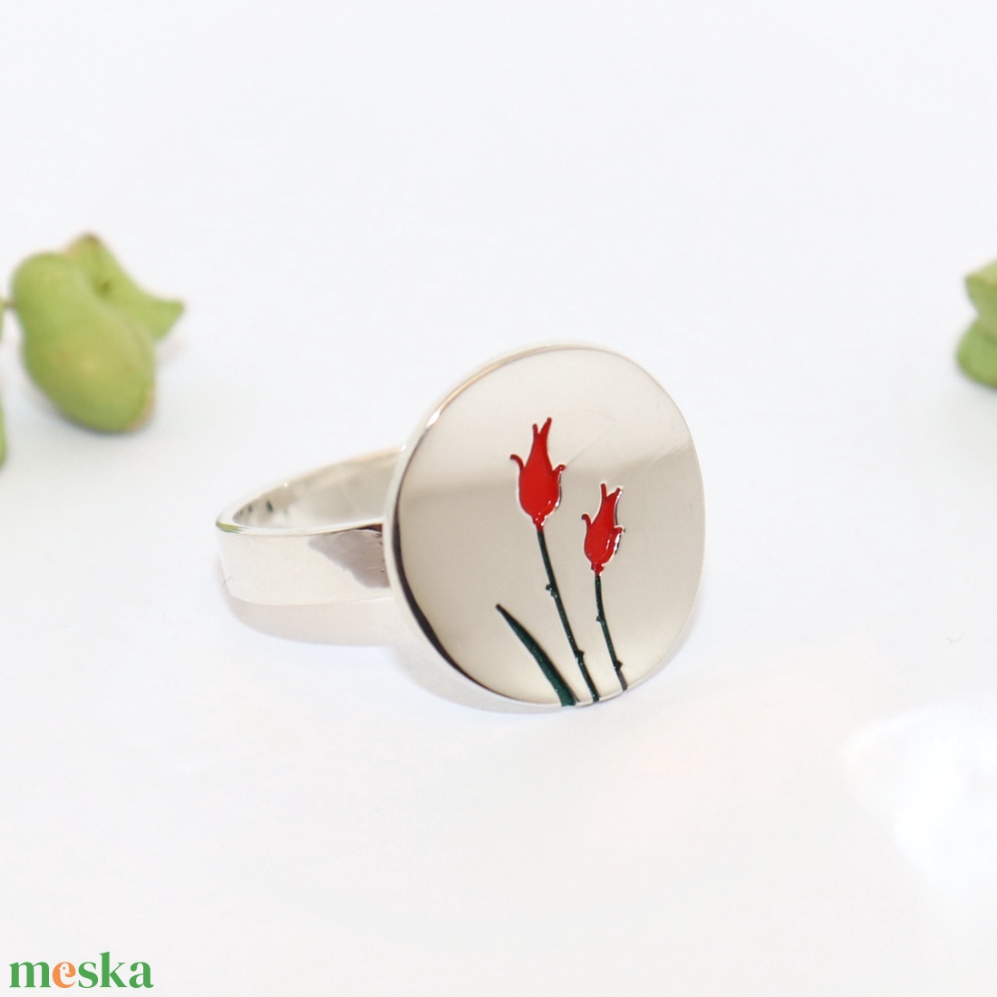Piros rózsás, kerek, női ezüst gyűrű, 60-as méret, állítható (EGY.235) - ékszer - gyűrű - statement gyűrű - Meska.hu