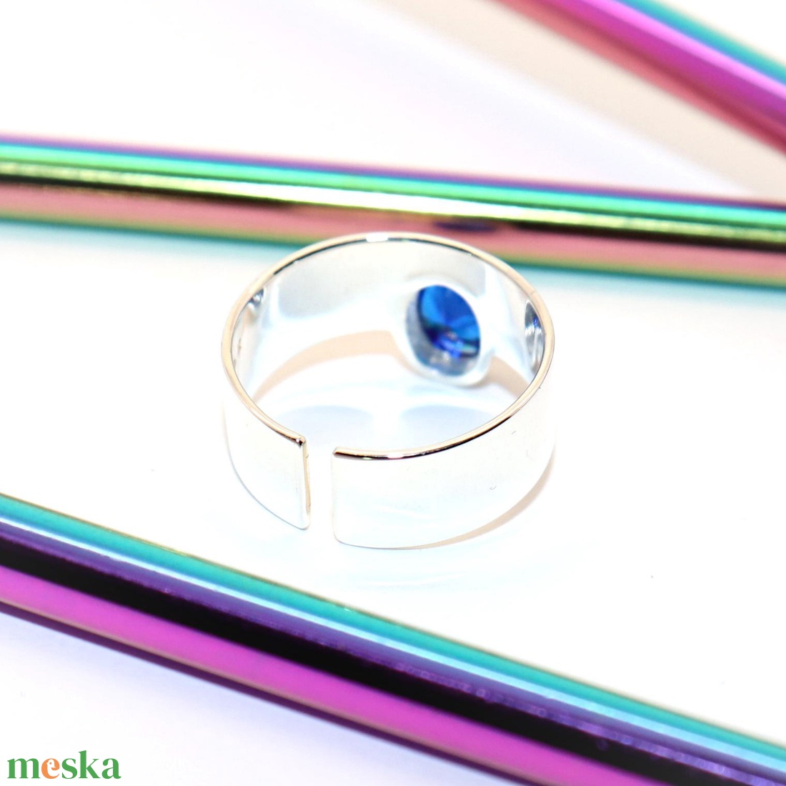 Ovális kék cirkóniás, női ezüst gyűrű, 59-es méret, állítható (EGY.285) - ékszer - gyűrű - statement gyűrű - Meska.hu