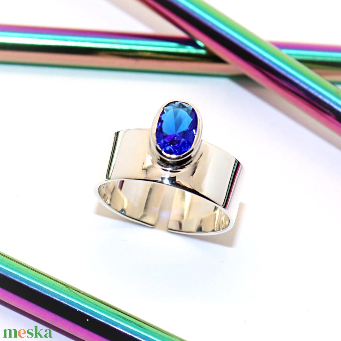 Ovális kék cirkóniás, női ezüst gyűrű, 59-es méret, állítható (EGY.285) - ékszer - gyűrű - statement gyűrű - Meska.hu