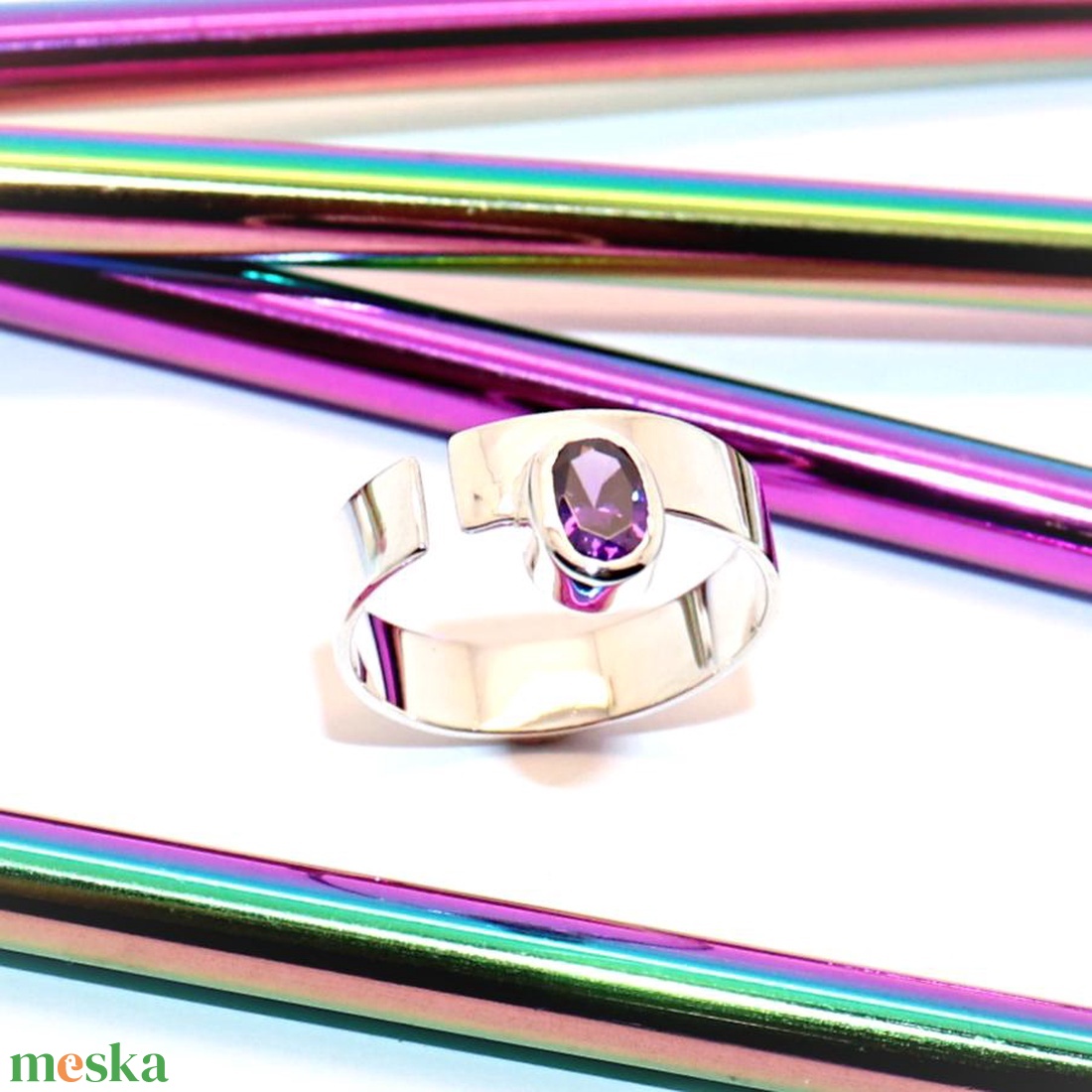 Lila cirkóniás, női ezüst gyűrű, állítható (EGY.289) - ékszer - gyűrű - statement gyűrű - Meska.hu