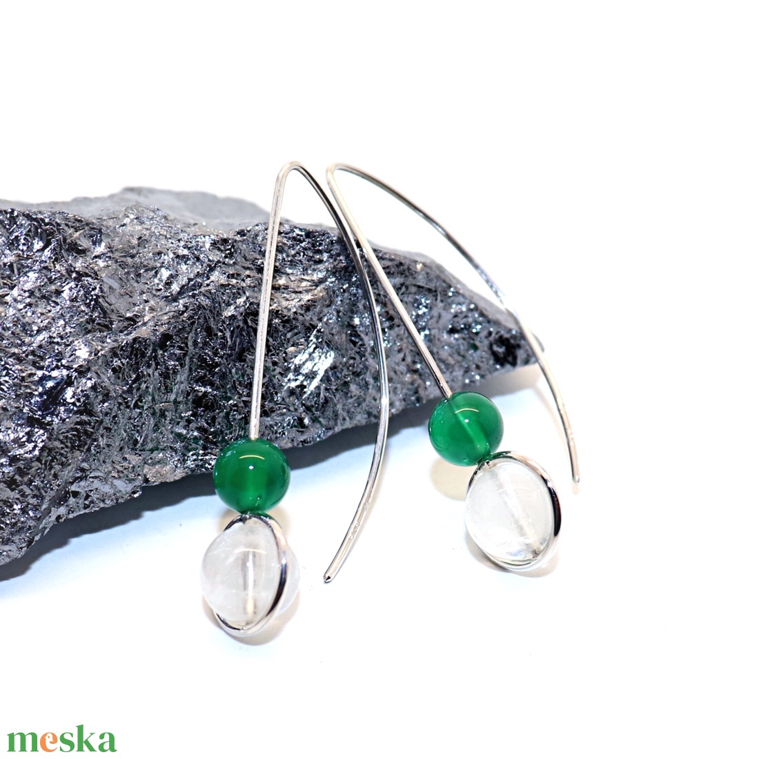 Hegyikristály és achát, női ezüst fülbevaló pár (EF.216) - ékszer - fülbevaló - lógó fülbevaló - Meska.hu