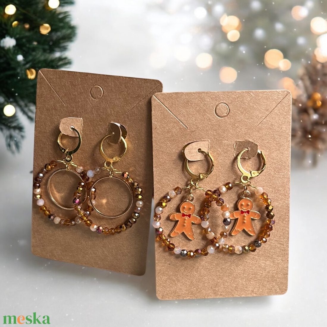 Mézeskalács Karika - lógós, karika fülbevaló, választható charm-mal, véletlenszerű barna gyöngyök, egyedi és elegáns  - karácsony - karácsonyi ruházat - karácsonyi ruha kiegészítők - Meska.hu