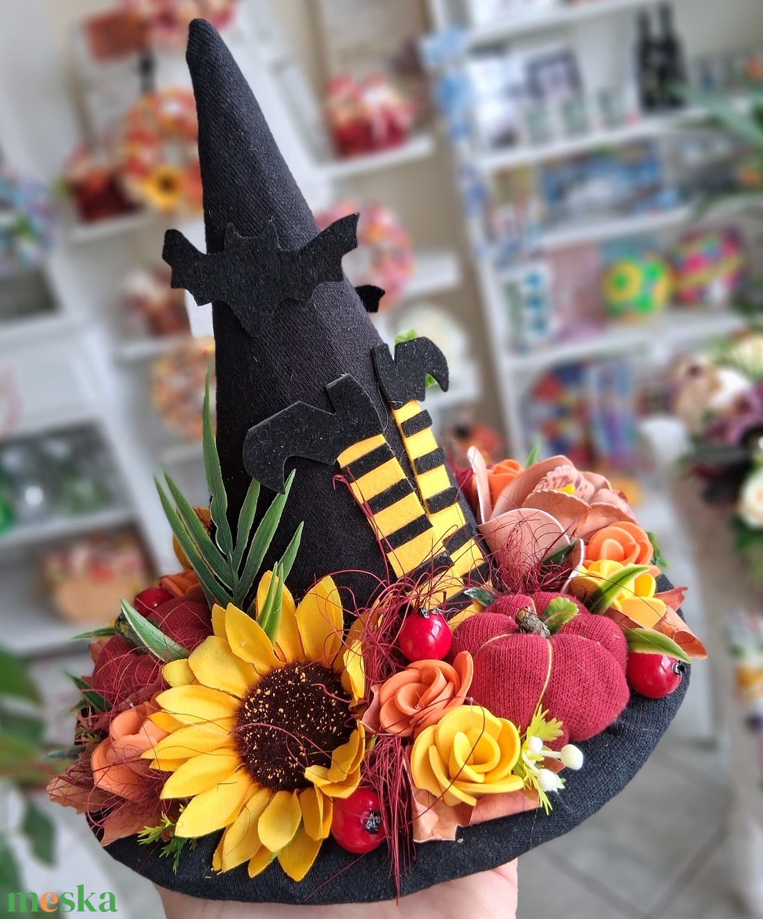 Őszi színes boszorkány kalap asztaldísz  - otthon & életmód - dekoráció - halloween - halloweeni asztaldísz - Meska.hu