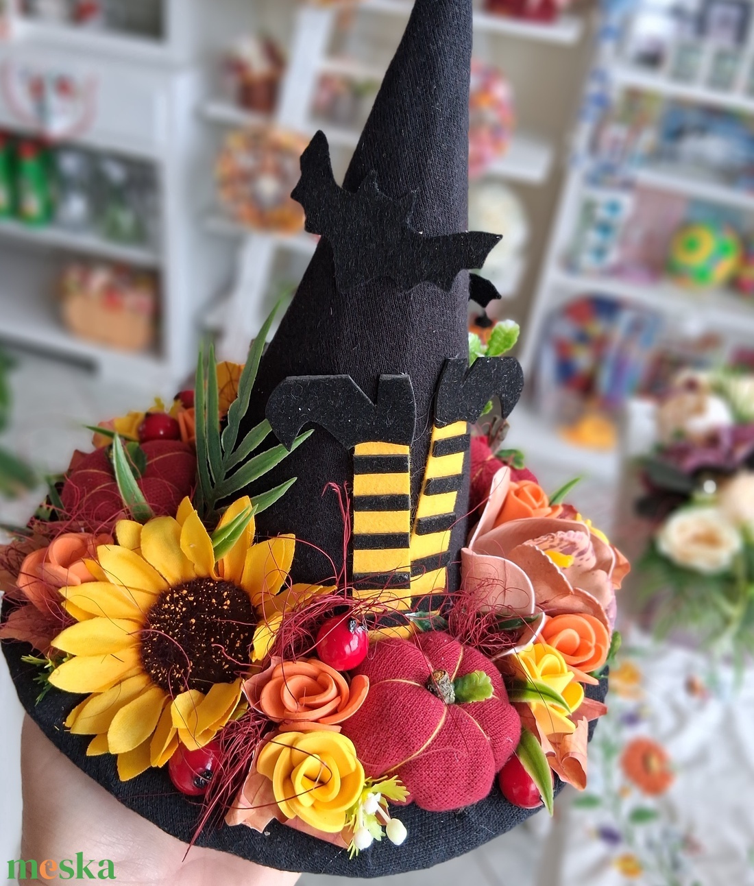 Őszi színes boszorkány kalap asztaldísz  - otthon & életmód - dekoráció - halloween - halloweeni asztaldísz - Meska.hu