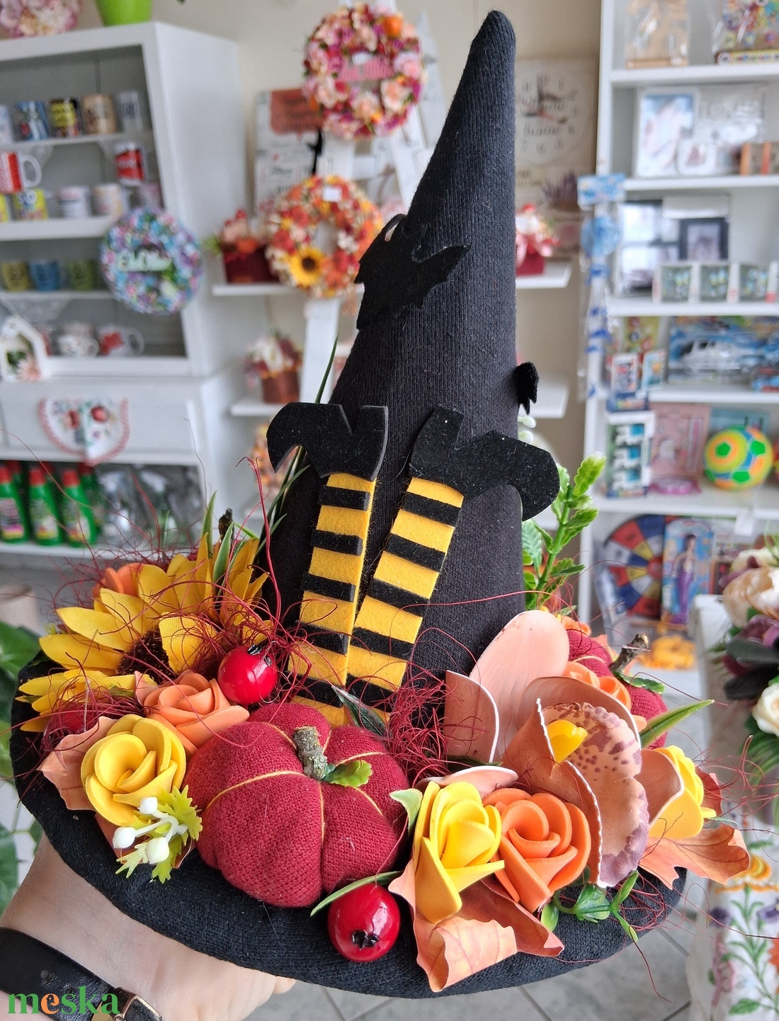 Őszi színes boszorkány kalap asztaldísz  - otthon & életmód - dekoráció - halloween - halloweeni asztaldísz - Meska.hu