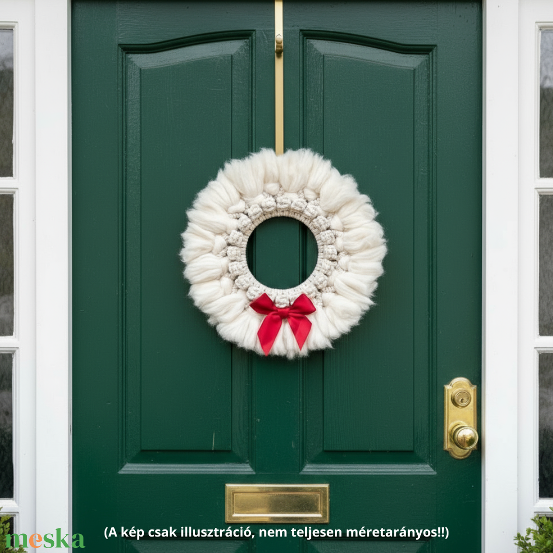 Puha, bolyhos karácsonyi ajtódísz, ünnepi makramé mandala koszorú, masnival - karácsony - karácsonyi lakásdekoráció - karácsonyi ajtódíszek - Meska.hu