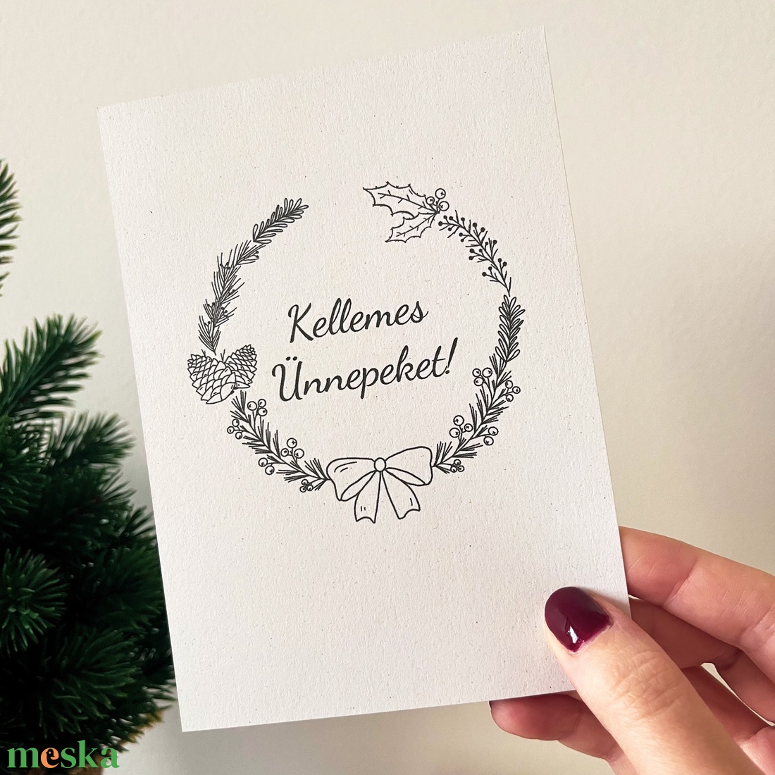 Karácsonyi képeslap koszorú mintával (A6-os), újrahasznosított papírra nyomtatva, borítékkal - otthon & életmód - papír, írószer - ajándékozás kellékei - képeslap, üdvözlőlap - Meska.hu