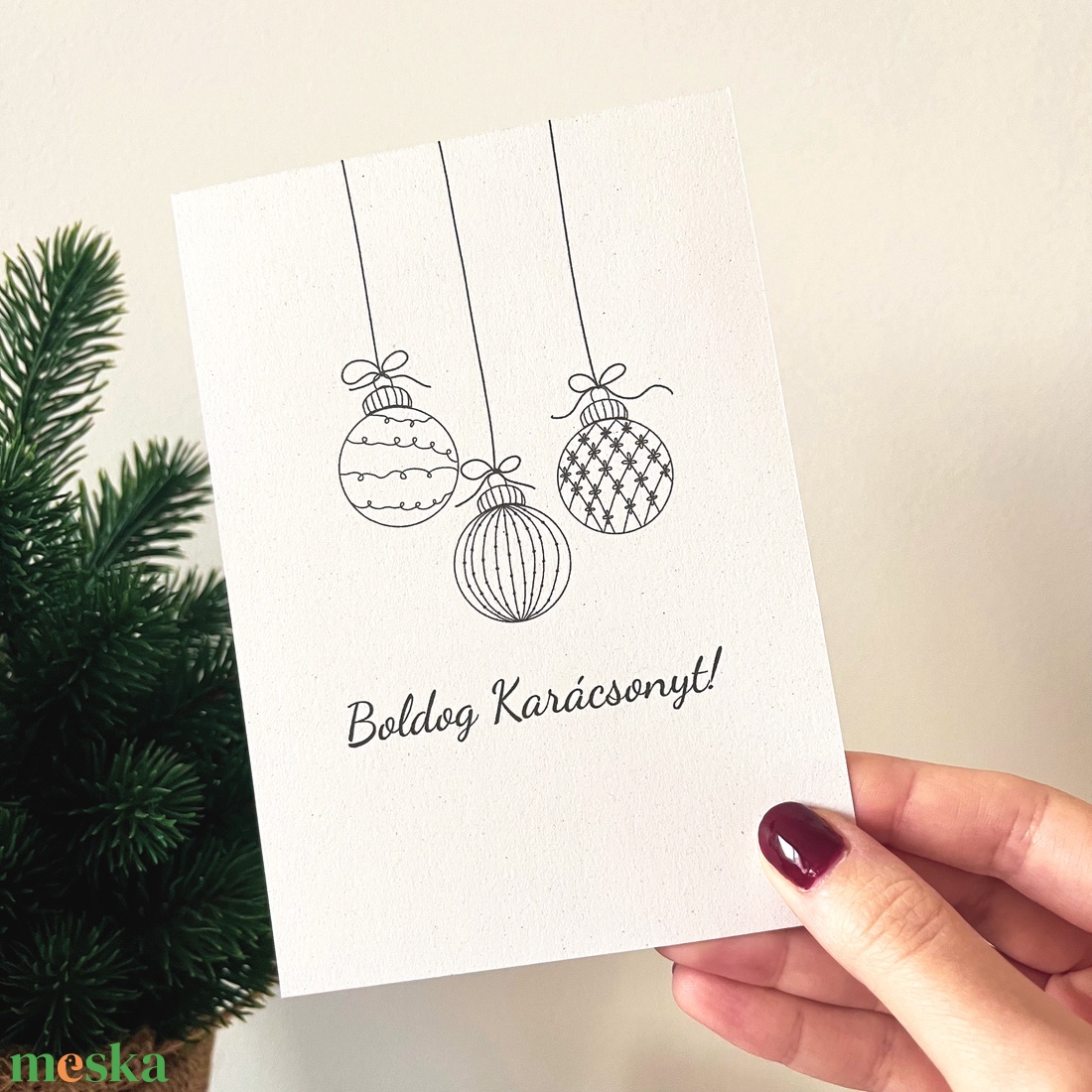 Karácsonyi képeslap gömb mintával (A6-os), újrahasznosított papírra nyomtatva, borítékkal - otthon & életmód - papír, írószer - ajándékozás kellékei - képeslap, üdvözlőlap - Meska.hu