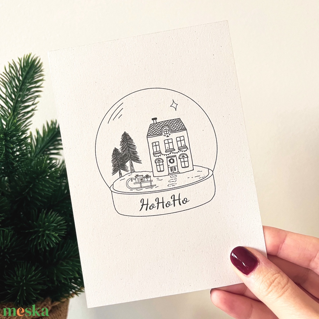 Karácsonyi képeslap hógömb mintával (A6-os), újrahasznosított papírra nyomtatva, borítékkal - otthon & életmód - papír, írószer - ajándékozás kellékei - képeslap, üdvözlőlap - Meska.hu