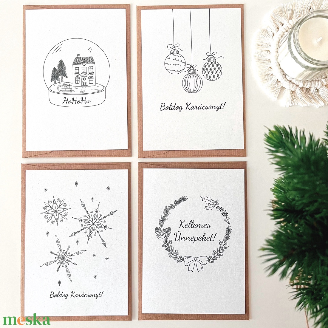 Karácsonyi ajándékcsomag, natúr-bézs színben: Névre szóló fenyőfa kulcstartó, masni és cukorka dísz, ünnepi képeslap - karácsony - karácsonyi ajándékozás - karácsonyi ajándékcsomagolás - Meska.hu