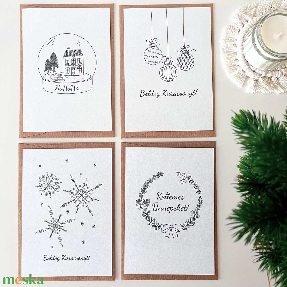 4 db letisztult karácsonyi képeslap (A6), ünnepi üdvözlőlapok borítékkal - otthon & életmód - papír, írószer - ajándékozás kellékei - képeslap, üdvözlőlap - Meska.hu