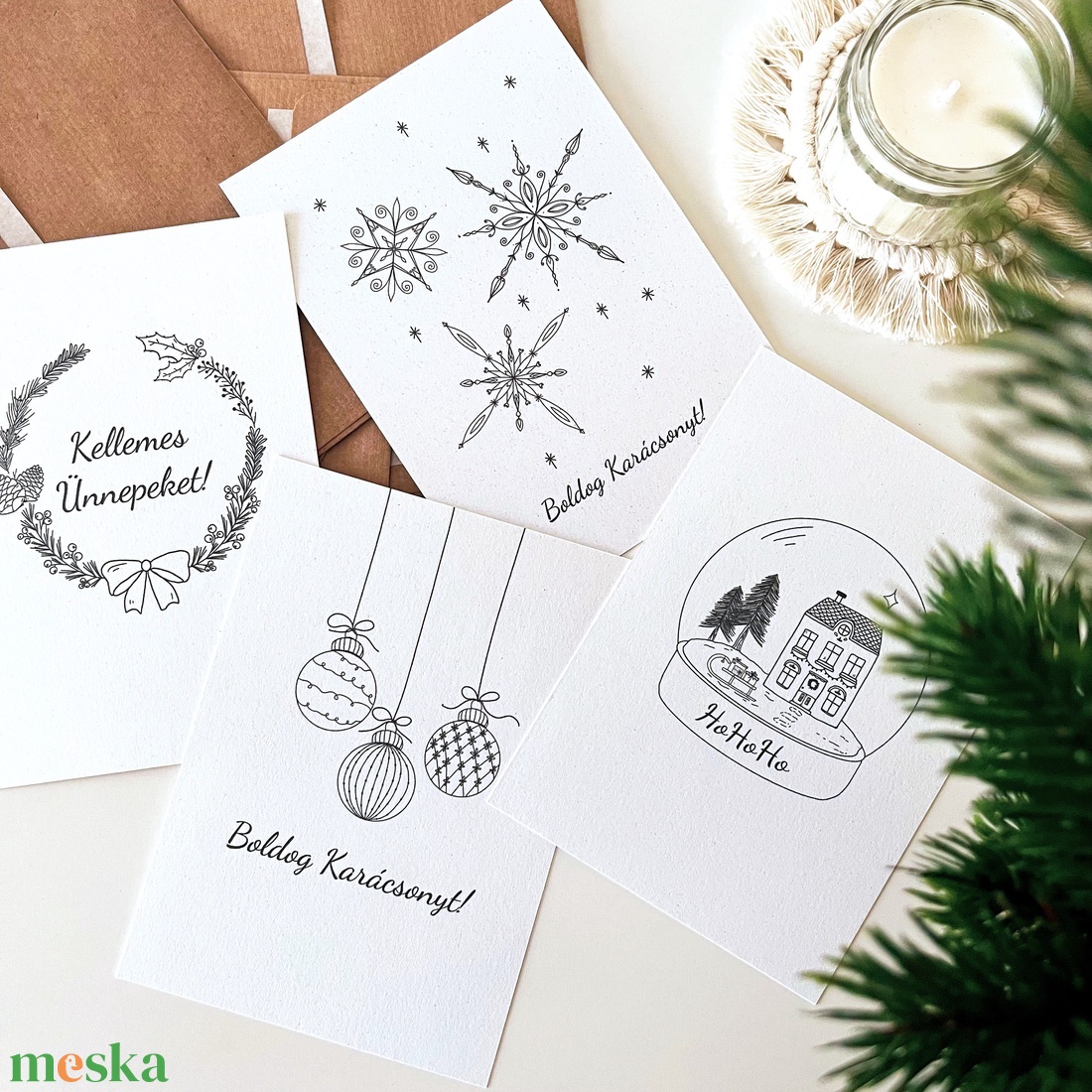 4 db letisztult karácsonyi képeslap (A6), ünnepi üdvözlőlapok borítékkal - otthon & életmód - papír, írószer - ajándékozás kellékei - képeslap, üdvözlőlap - Meska.hu