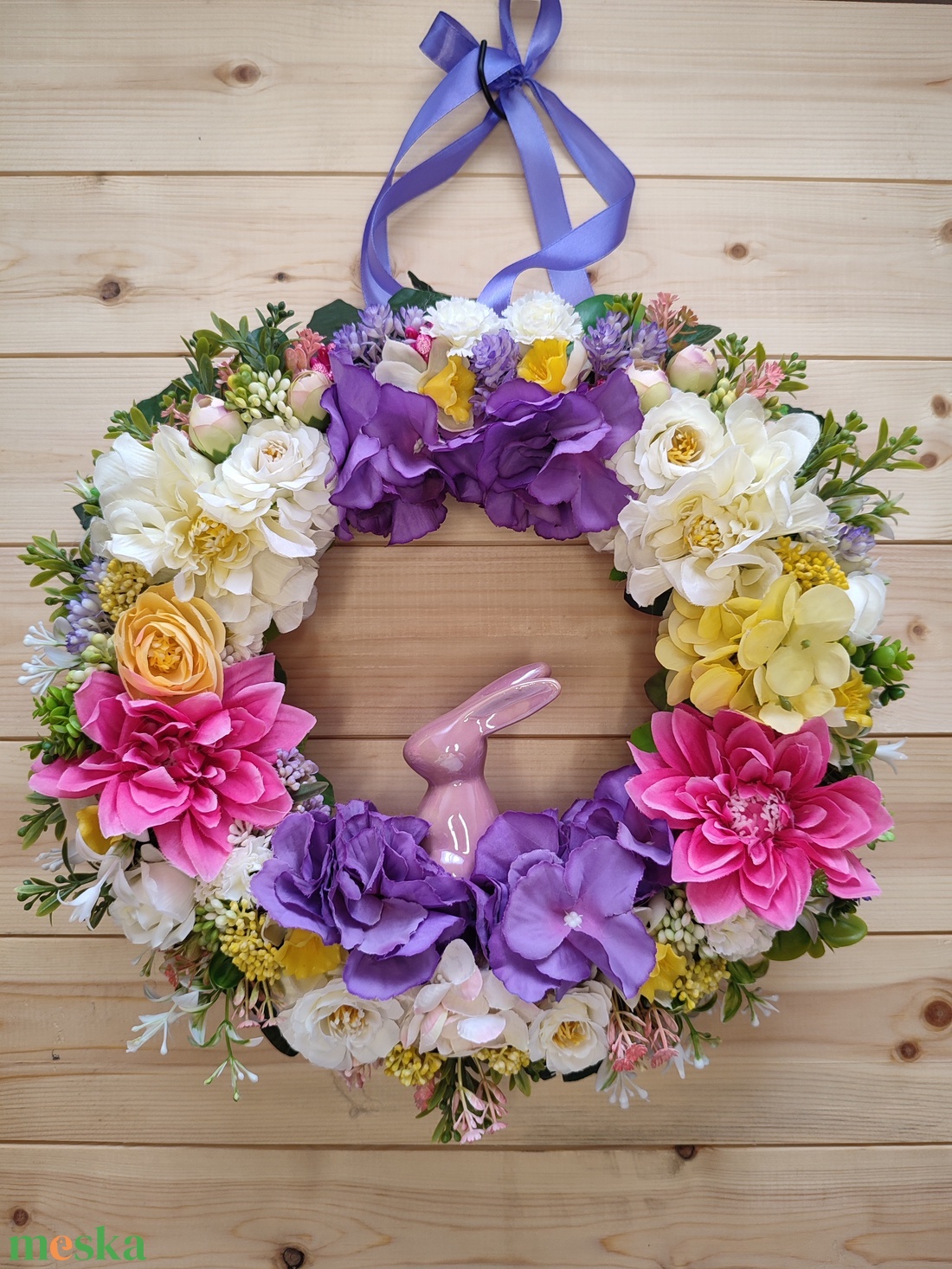 Húsvéti nyuszis ajtódísz - Lila és rózsaszín színben - 34 cm - otthon & életmód - húsvéti díszek és dekorációk - húsvéti ajtódísz, kopogtató - Meska.hu