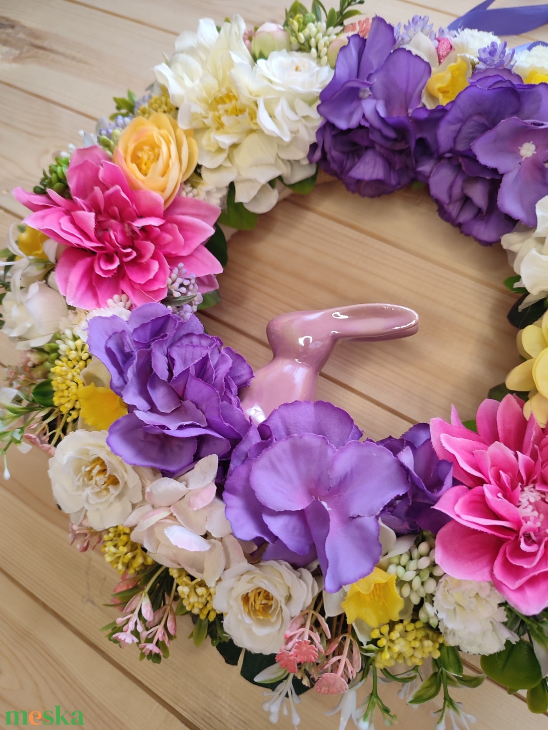 Húsvéti nyuszis ajtódísz - Lila és rózsaszín színben - 34 cm - otthon & életmód - húsvéti díszek és dekorációk - húsvéti ajtódísz, kopogtató - Meska.hu