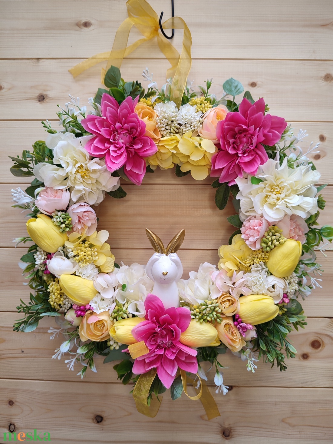 Húsvéti nyuszis ajtódísz - Sárga és rózsaszín színben - 34 cm - otthon & életmód - húsvéti díszek és dekorációk - húsvéti ajtódísz, kopogtató - Meska.hu