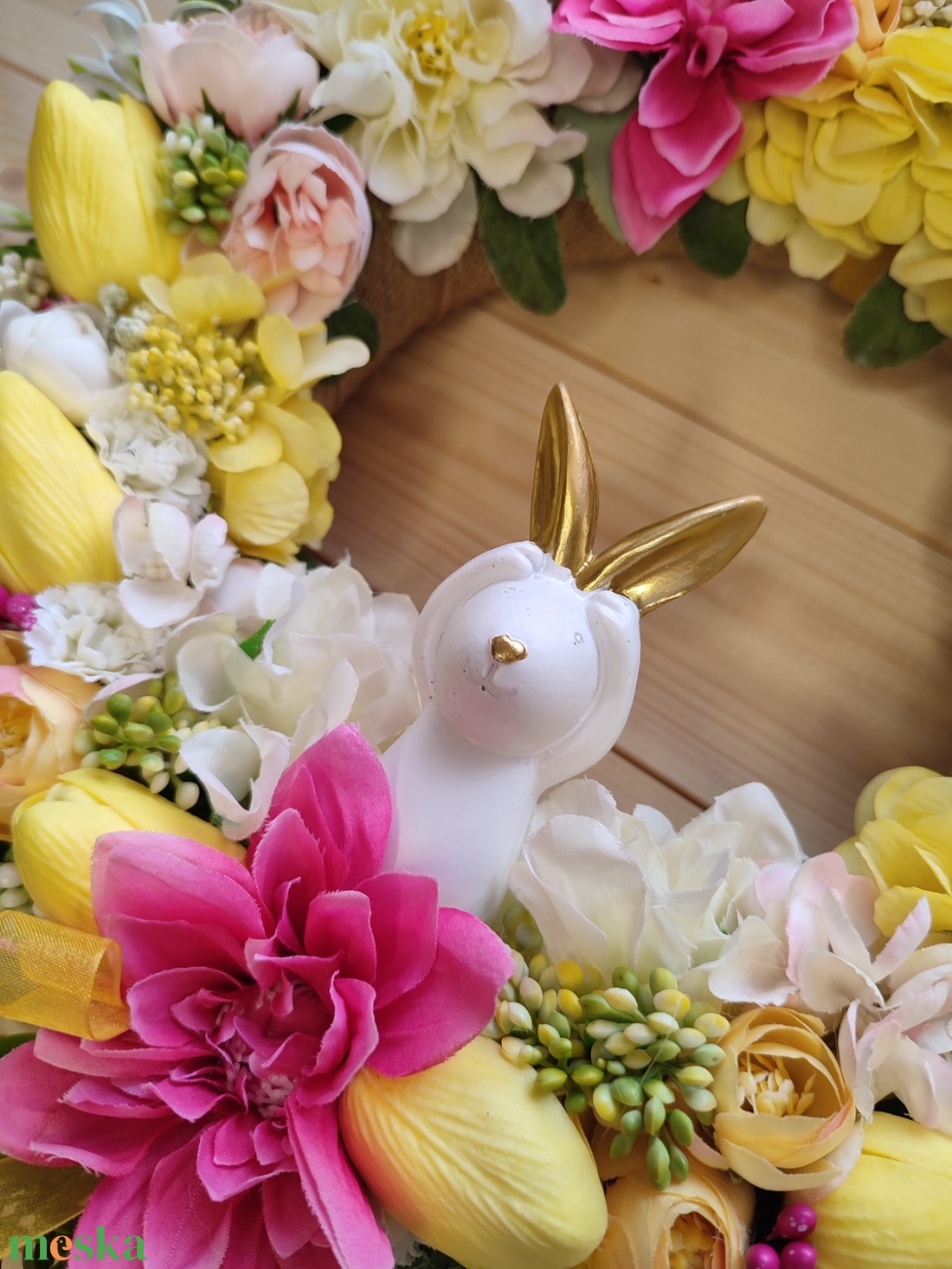 Húsvéti nyuszis ajtódísz - Sárga és rózsaszín színben - 34 cm - otthon & életmód - húsvéti díszek és dekorációk - húsvéti ajtódísz, kopogtató - Meska.hu