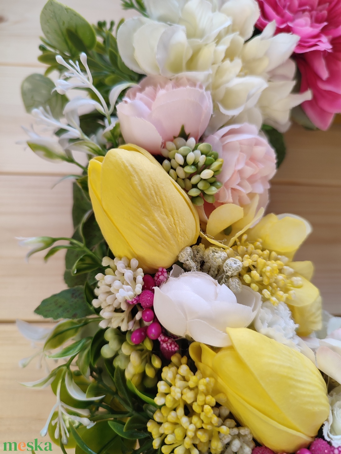 Húsvéti nyuszis ajtódísz - Sárga és rózsaszín színben - 34 cm - otthon & életmód - húsvéti díszek és dekorációk - húsvéti ajtódísz, kopogtató - Meska.hu