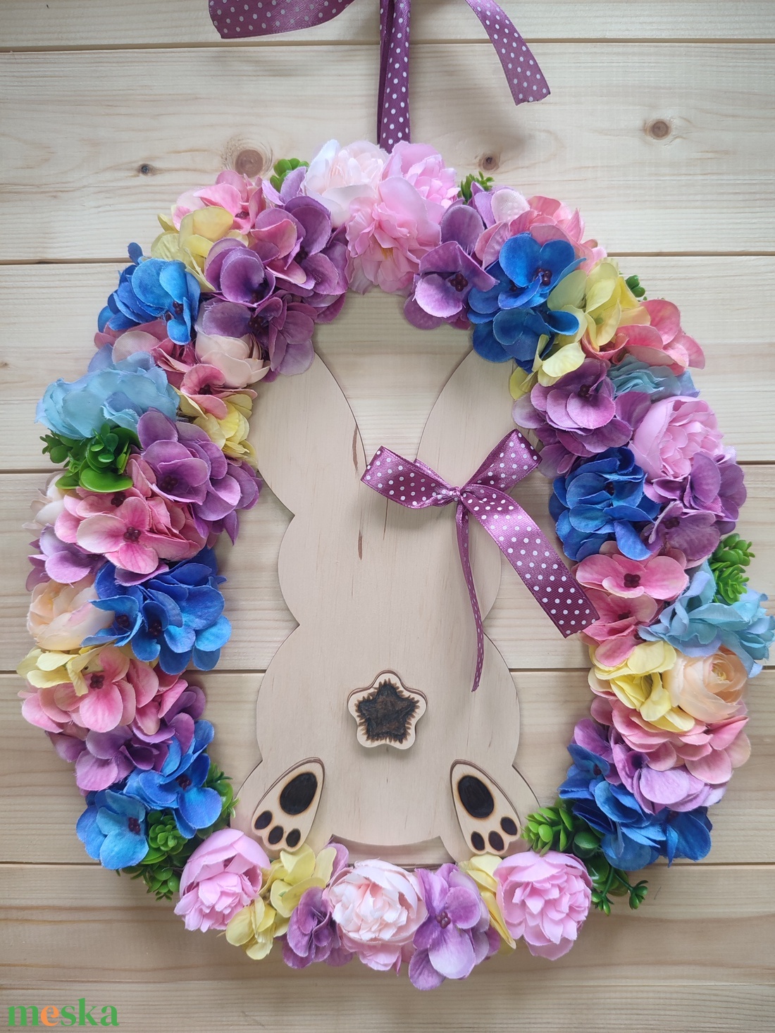 Húsvéti nyuszipopós ajtódísz - Lila és rózsaszín színben  - ünnepi díszek, dekorációk - húsvéti díszek és dekorációk - húsvéti ajtódísz, kopogtató - Meska.hu