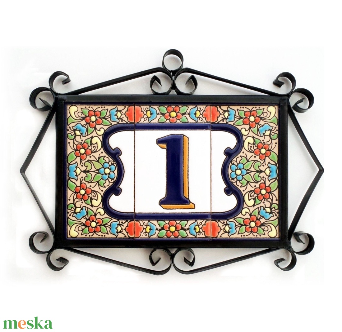 Személyre szabott, rendelésre készülő spanyol kerámia házszám fémkeretben - Flores, 1 számjegy - otthon & életmód - ház & kert - házszám - Meska.hu