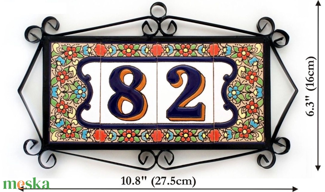 Személyre szabott, rendelésre készülő spanyol kerámia házszám fémkeretben - Flores, 2 számjegy - otthon & életmód - ház & kert - házszám - Meska.hu