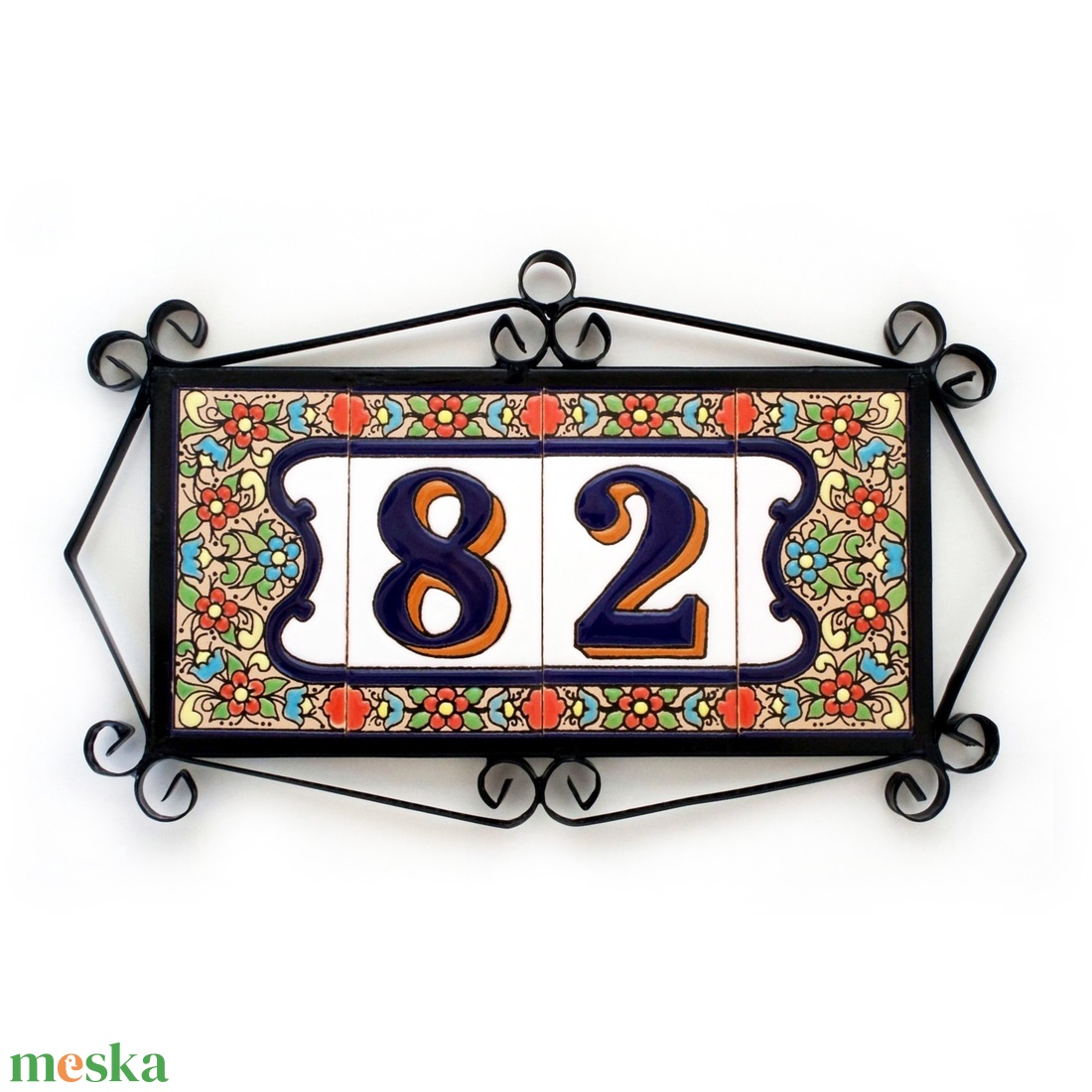 Személyre szabott, rendelésre készülő spanyol kerámia házszám fémkeretben - Flores, 2 számjegy - otthon & életmód - ház & kert - házszám - Meska.hu
