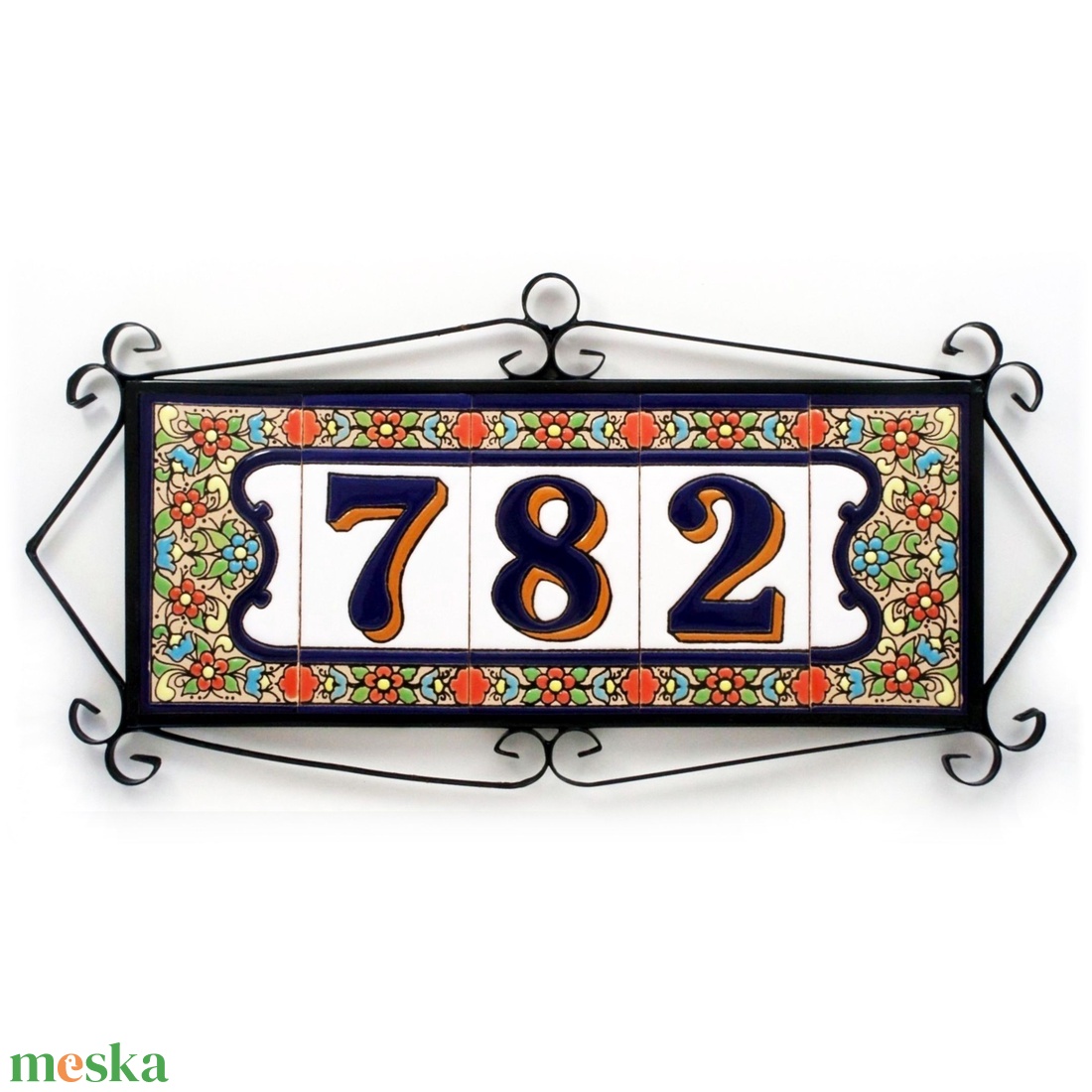 Személyre szabott, rendelésre készülő spanyol kerámia házszám fémkeretben - Flores, 3 számjegy - otthon & életmód - ház & kert - házszám - Meska.hu