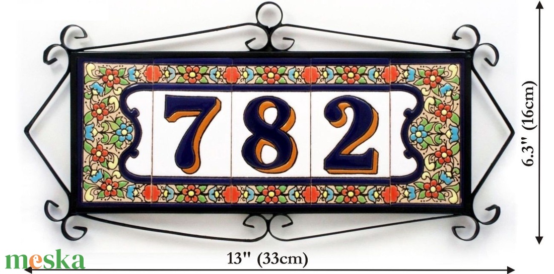Személyre szabott, rendelésre készülő spanyol kerámia házszám fémkeretben - Flores, 3 számjegy - otthon & életmód - ház & kert - házszám - Meska.hu