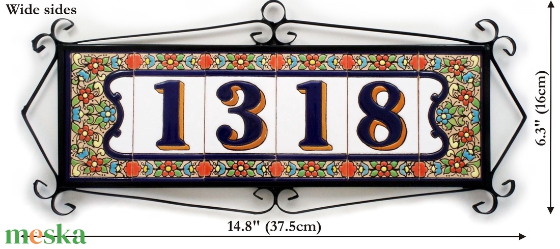 Személyre szabott, rendelésre készülő spanyol kerámia házszám fémkeretben - Flores, 4 számjegy - otthon & életmód - ház & kert - házszám - Meska.hu