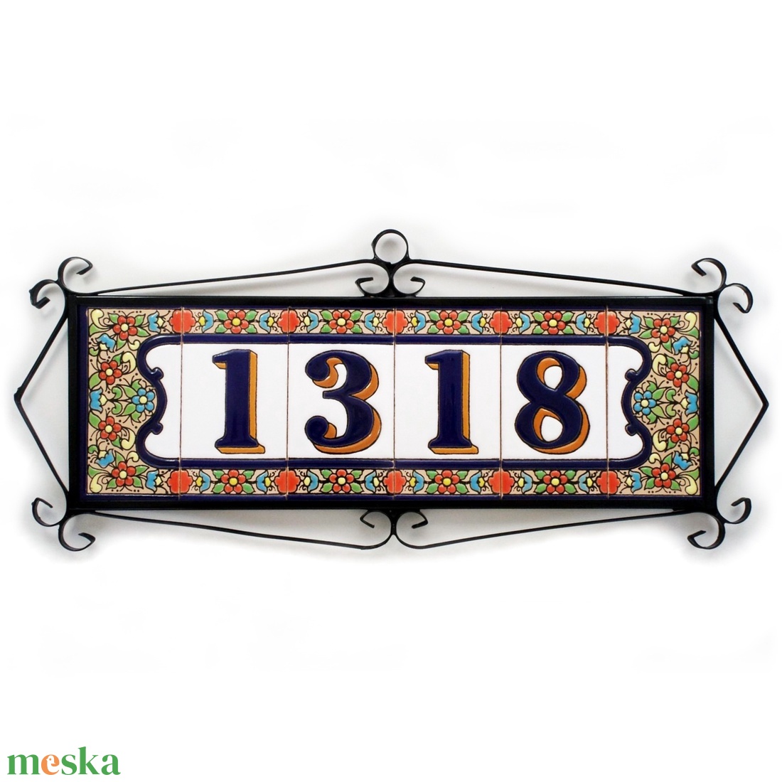 Személyre szabott, rendelésre készülő spanyol kerámia házszám fémkeretben - Flores, 4 számjegy - otthon & életmód - ház & kert - házszám - Meska.hu