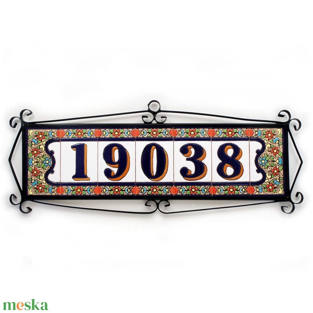 Személyre szabott, rendelésre készülő spanyol kerámia házszám fémkeretben - Flores, 5 számjegy - otthon & életmód - ház & kert - házszám - Meska.hu