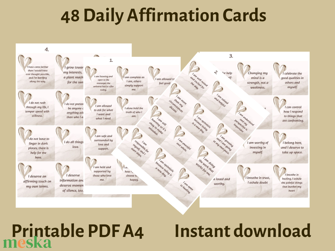 Megerősítő motivációs kártyák szív mintával angol nyelvű 48 kártya - művészet - naptárkártyák, sportkártyák - Meska.hu