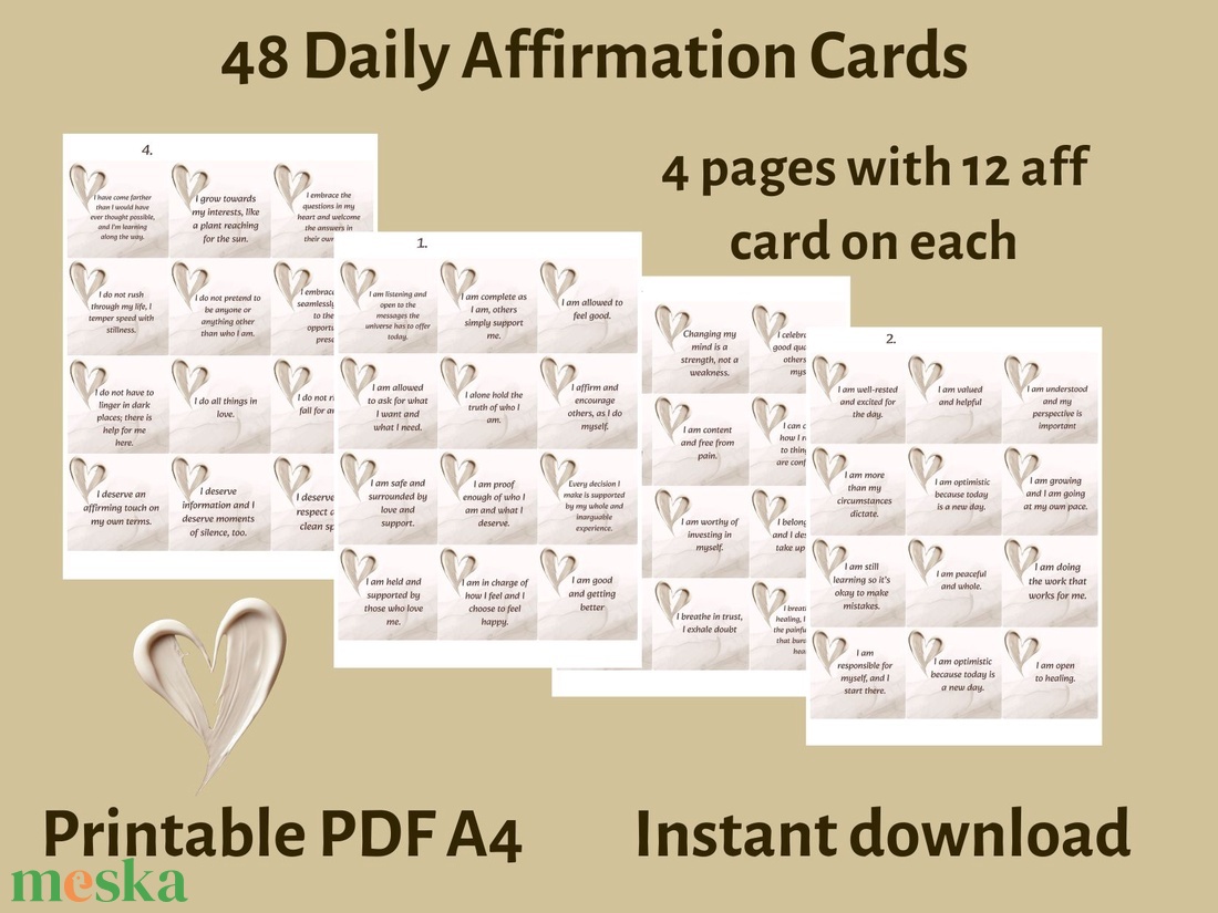Megerősítő motivációs kártyák szív mintával angol nyelvű 48 kártya - művészet - naptárkártyák, sportkártyák - Meska.hu