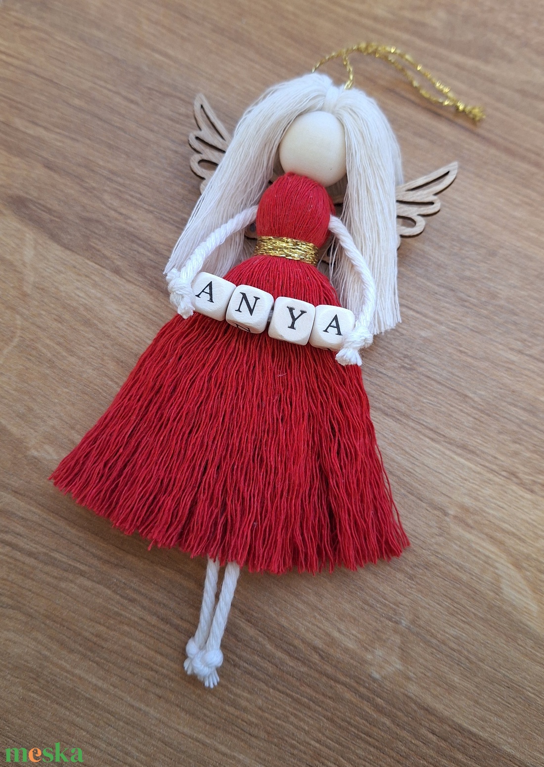 Makramé angyal, karácsonyfadísz, angyaldísz - ANYA (piros) - karácsony - karácsonyi lakásdekoráció - karácsonyfadíszek - Meska.hu
