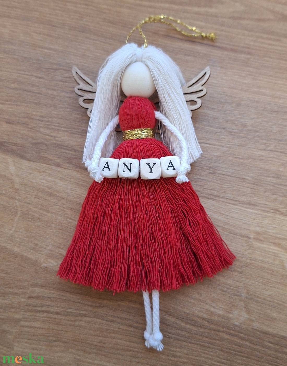 Makramé angyal, karácsonyfadísz, angyaldísz - ANYA (piros) - karácsony - karácsonyi lakásdekoráció - karácsonyfadíszek - Meska.hu