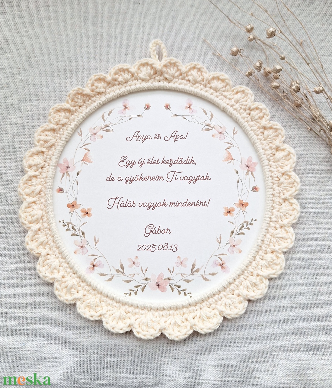 Szülőköszöntő horgolt kép - krém szín - esküvő - emlék & ajándék - szülőköszöntő ajándék - Meska.hu