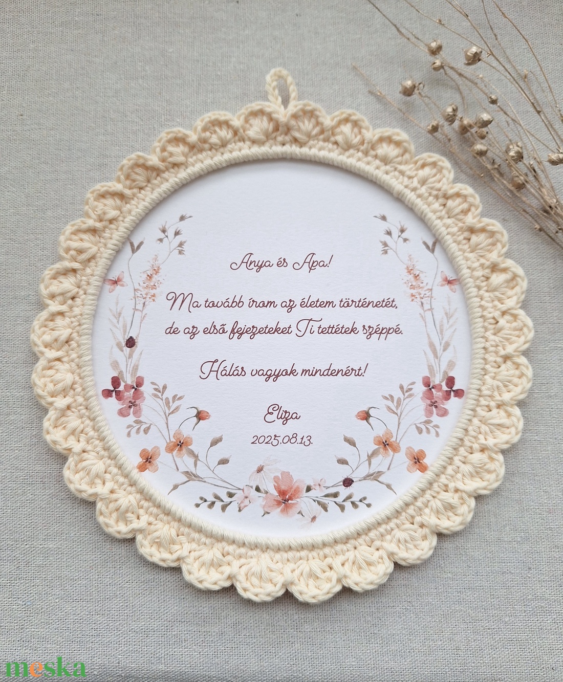 Szülőköszöntő horgolt kép - krém szín, réti virágos - esküvő - emlék & ajándék - szülőköszöntő ajándék - Meska.hu