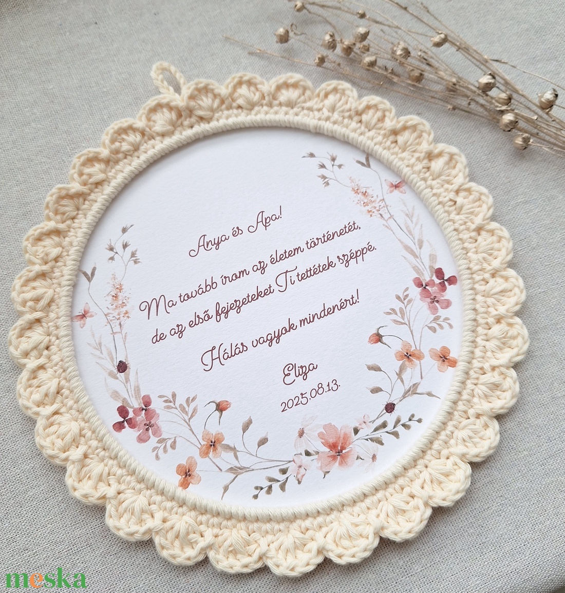 Szülőköszöntő horgolt kép - krém szín, réti virágos - esküvő - emlék & ajándék - szülőköszöntő ajándék - Meska.hu