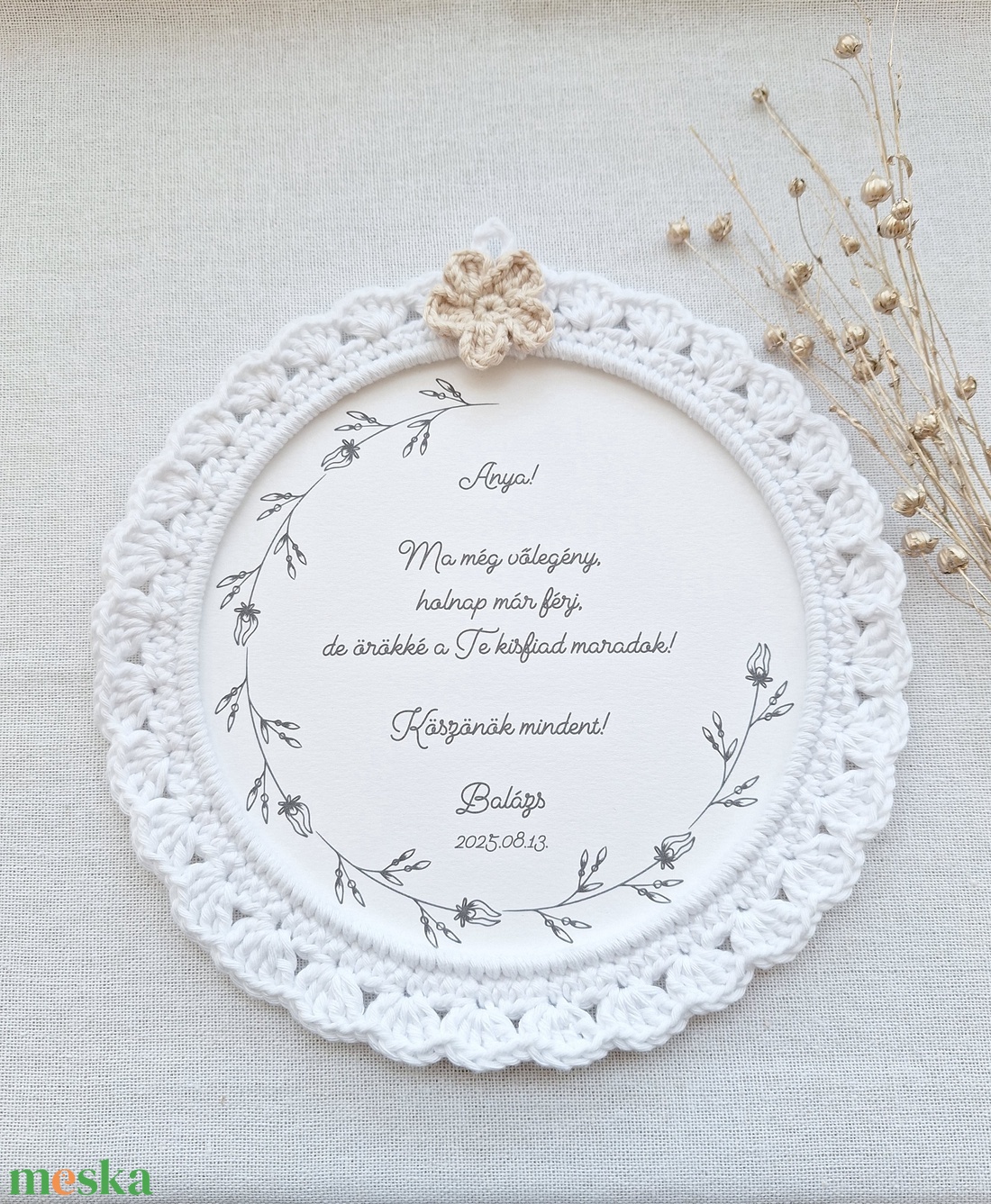 Szülőköszöntő horgolt kép - fehér, horgolt virágos - esküvő - emlék & ajándék - szülőköszöntő ajándék - Meska.hu