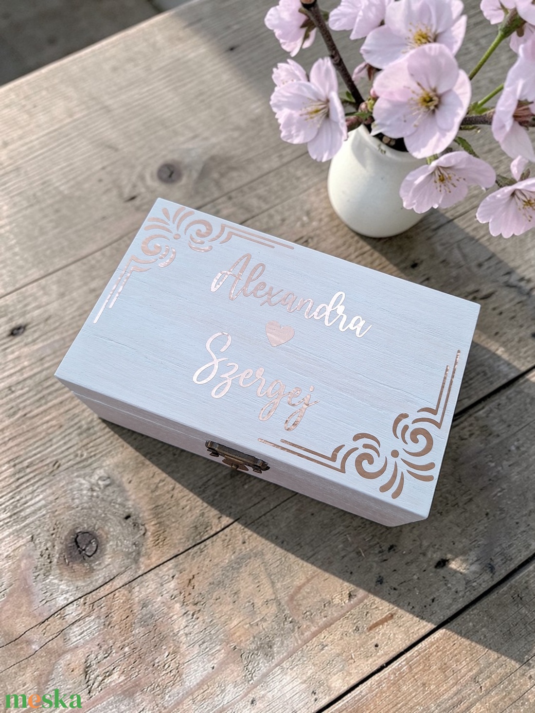 Esküvői pénzátadó doboz, nászajándék - nyírfa, rosegold tükörfólia  - esküvő - emlék & ajándék - nászajándék - esküvői pénzátadó doboz - Meska.hu