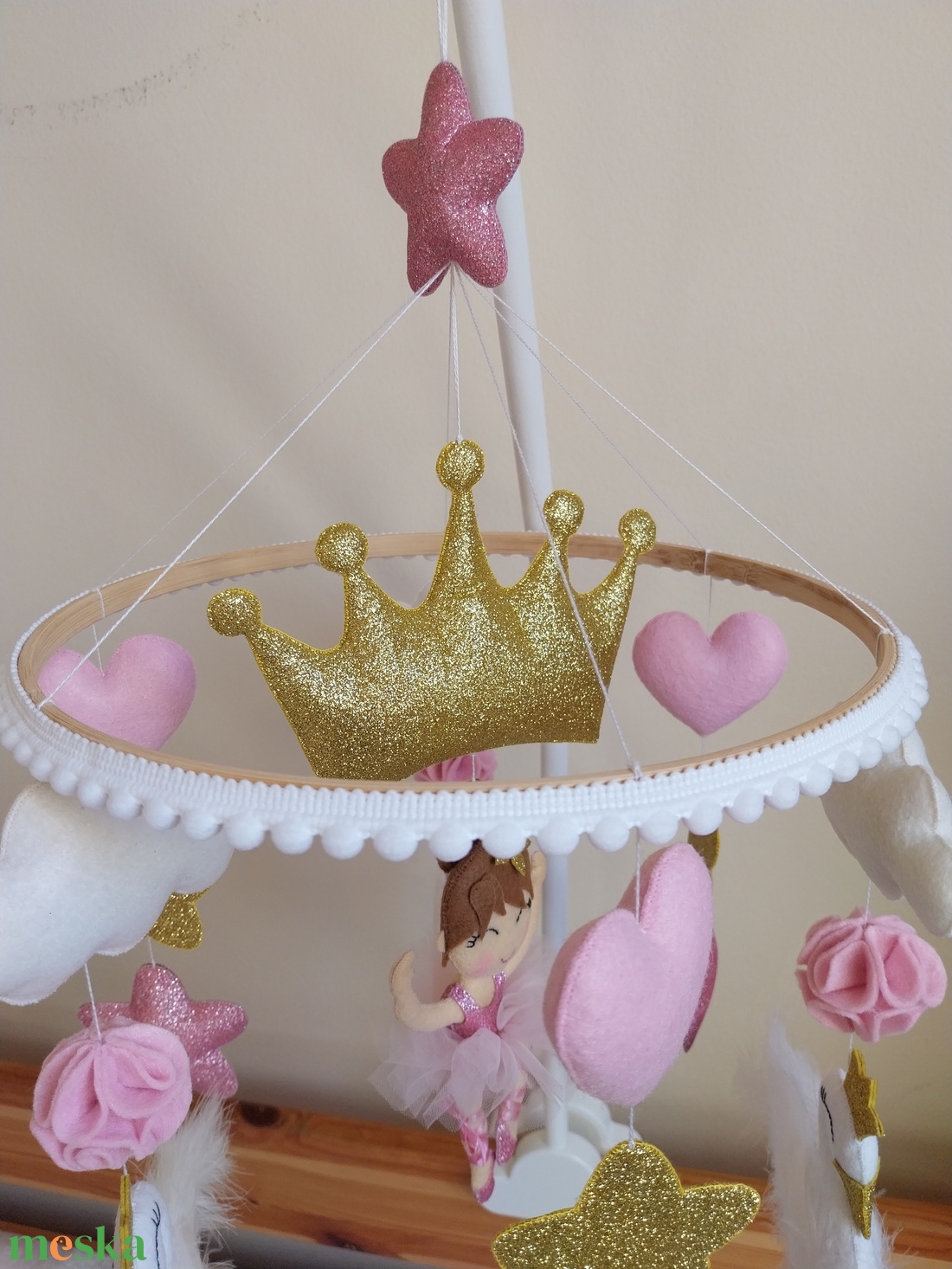 Rózsaszín álom balerinás, hattyús kiságyforgó kislánynak - Pink Crib Mobile for girl with swan and balerina   - játék & sport - 3 éves kor alattiaknak - kiságyforgó - Meska.hu