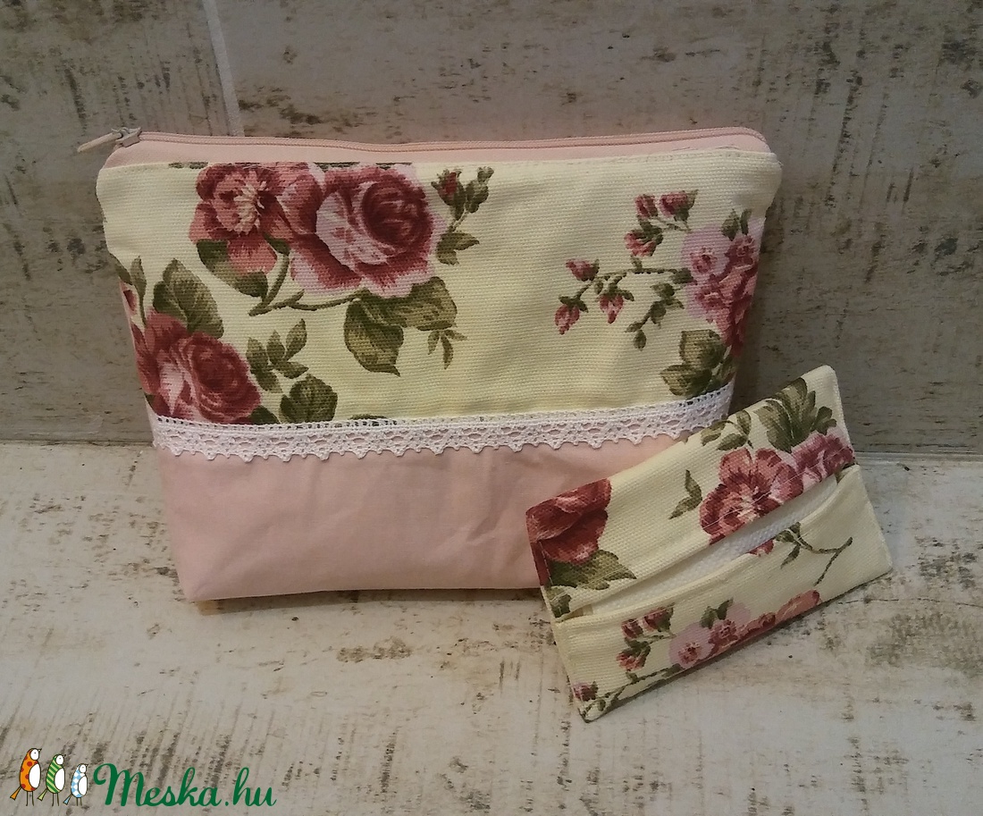 Rózsás neszesszer rózsaszínnel és zsebkendőtartó - táska & tok - neszesszer - Meska.hu