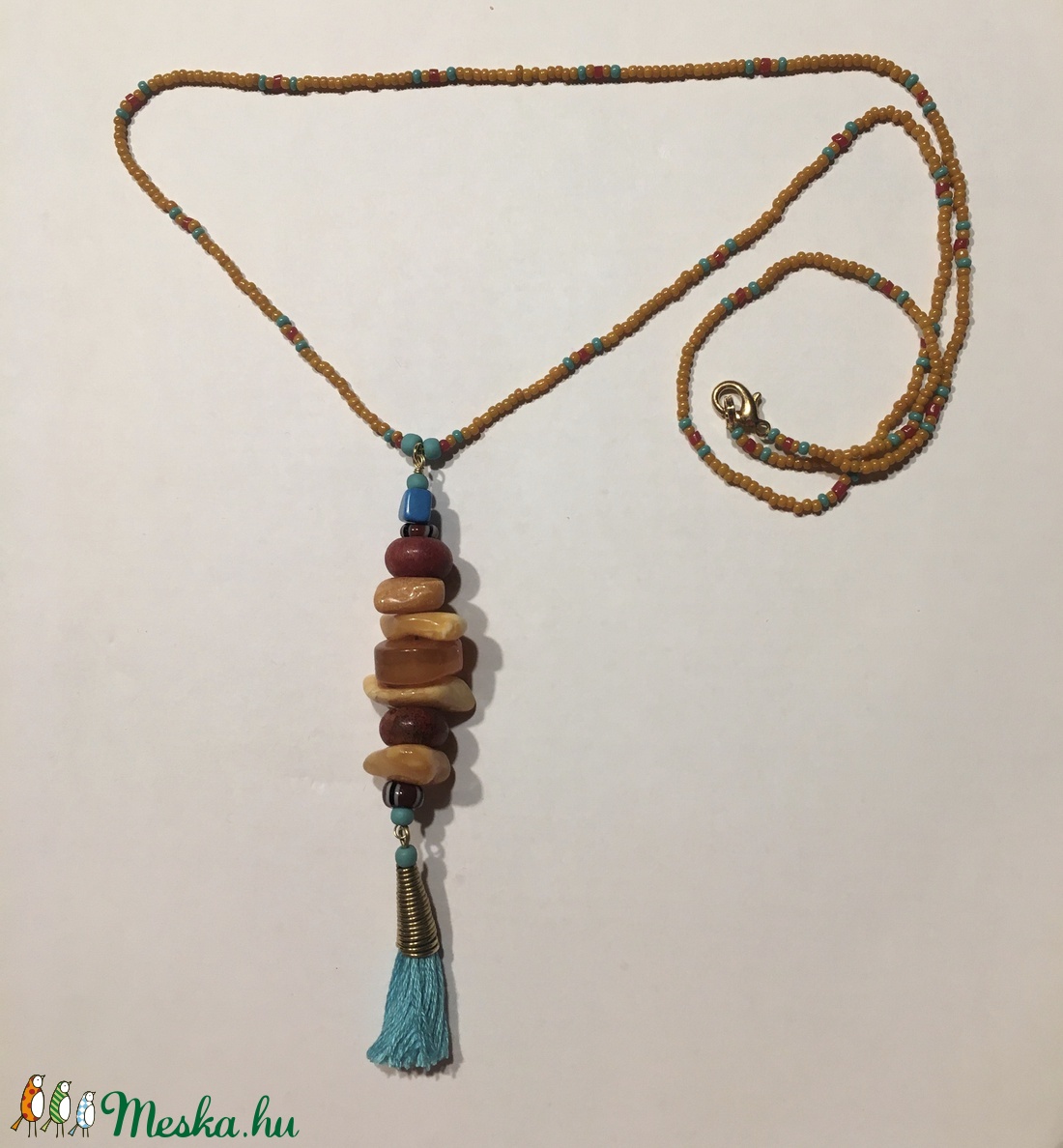 Borostyánfüggős türkiz rojtos nyaklánc  - ékszer - nyaklánc - bojtos nyaklánc - Meska.hu