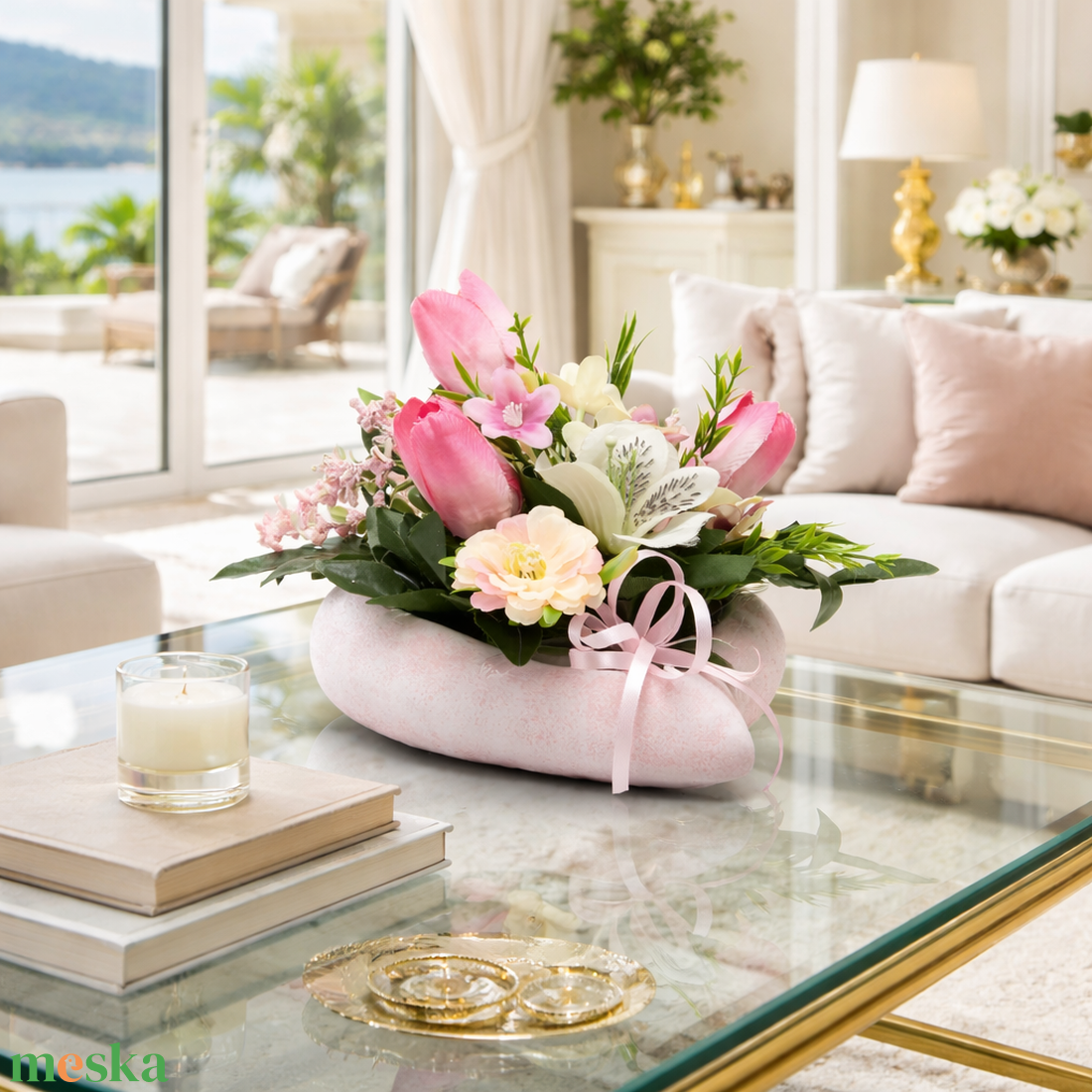 Pasztell tavaszi virágkompozíció kerámia kaspóban � kézműves dekoráció - otthon & életmód - dekoráció - asztal és polc dekoráció - asztaldísz - Meska.hu